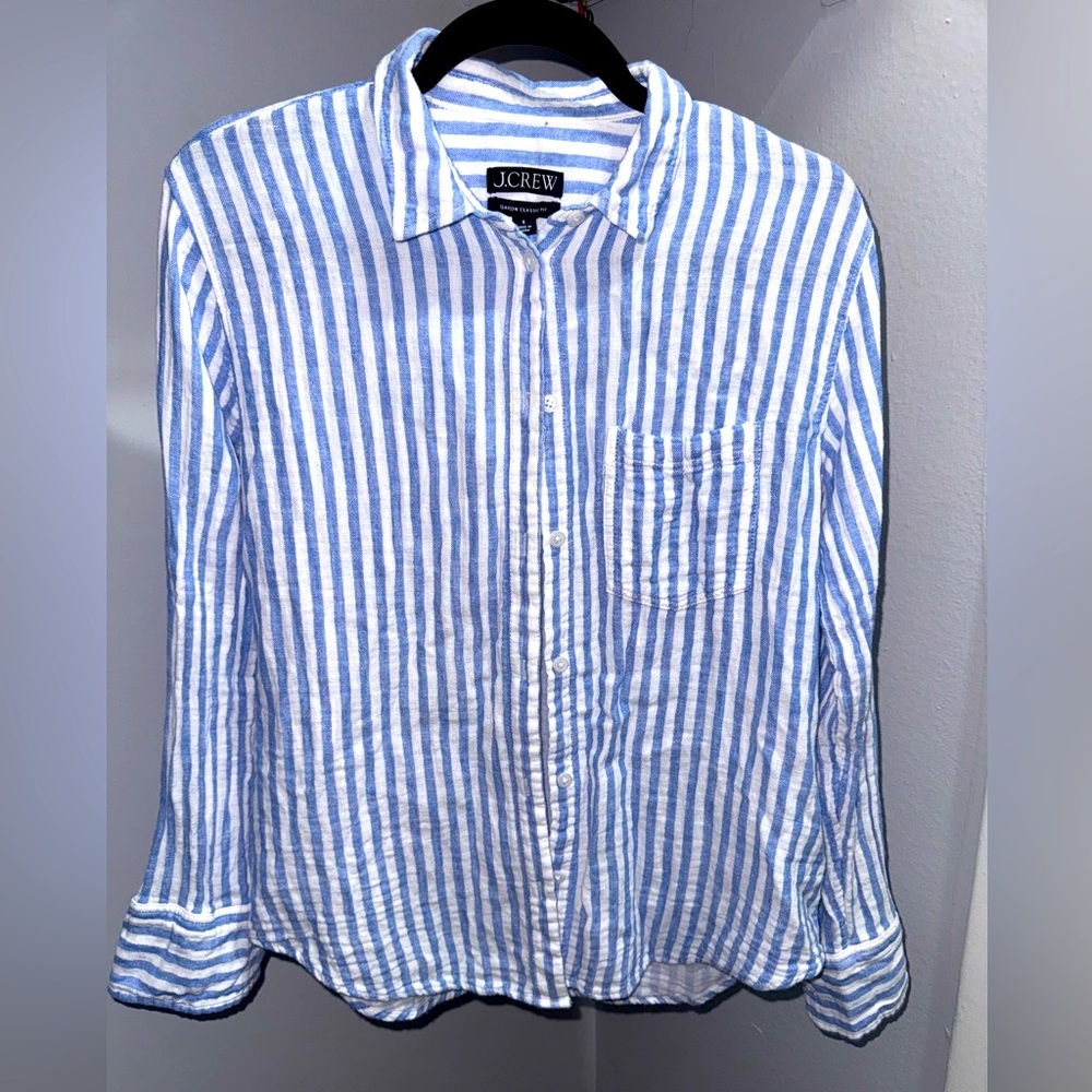 J. Crew Women’s Blue and White Striped Linen Button-Down